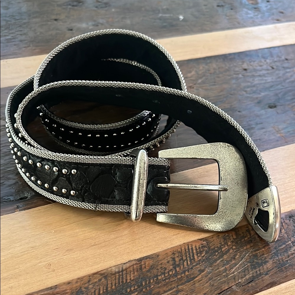 Western Style Black Leather Belt with Silver Detailing ITALY